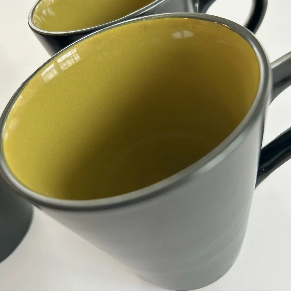Pier 1 Ebony Rim Green Stoneware Coffee Mugs Set of 4 10 fl oz